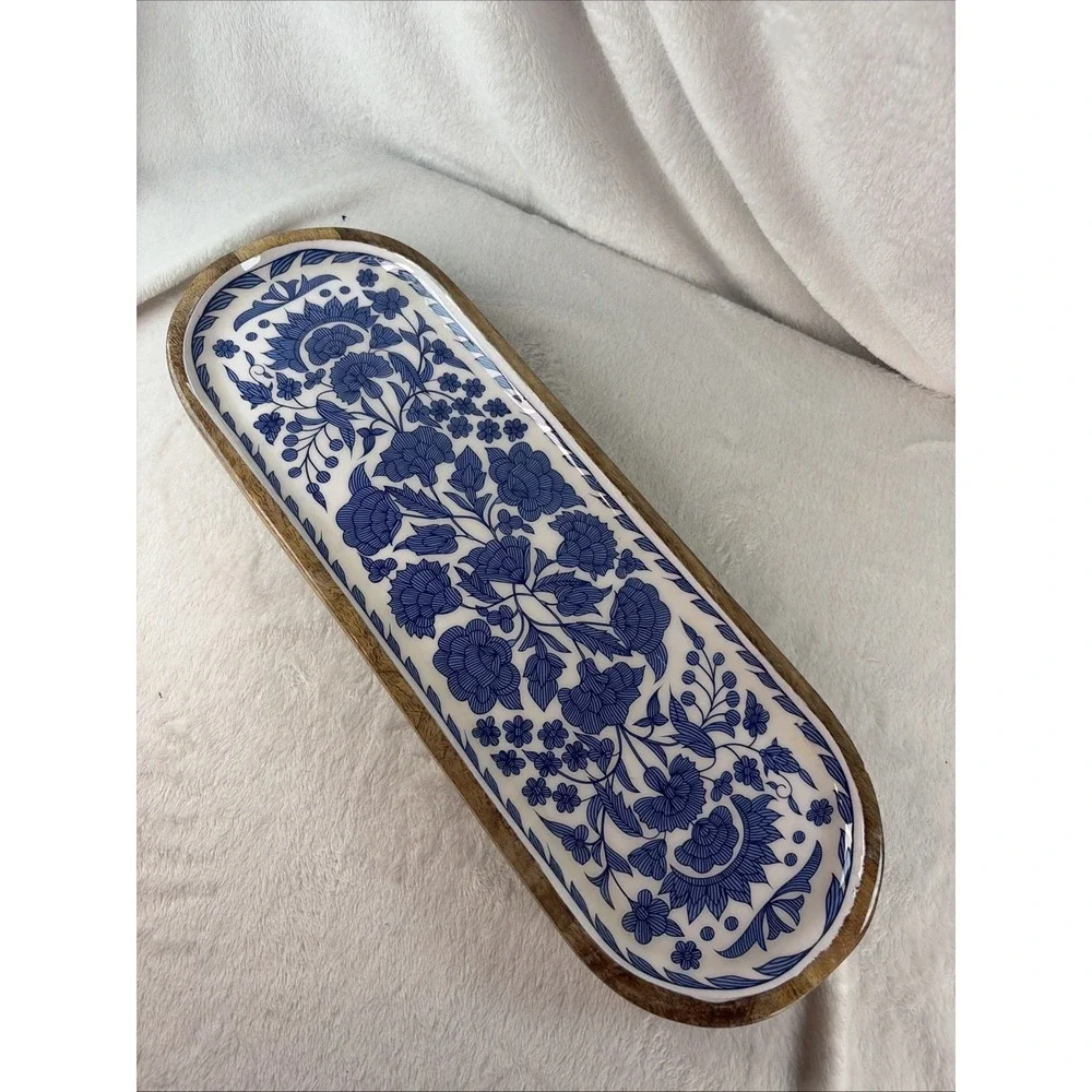 AVA Premium Handcrafted Long Decorative Tray Blue & White Floral Ceramic Inlay